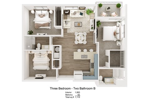 a floor plan of three bedroom two bathroom b apartment